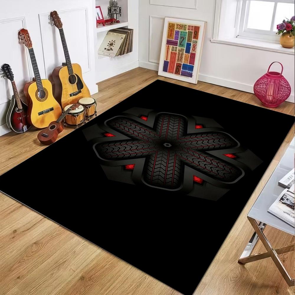 Tech Style 3D Mechanical Geometric Pattern Carpet  Black Red Cool Visual Effect Floor Mat for Living Room Game Room Home Decor
