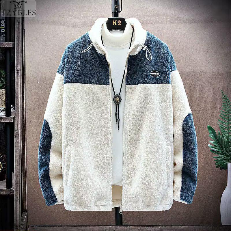Herren Kontrastfarbene Lammwolle Winterjacke - Dick, Warm, Locker geschnittener Lässiger Baumwollmantel
