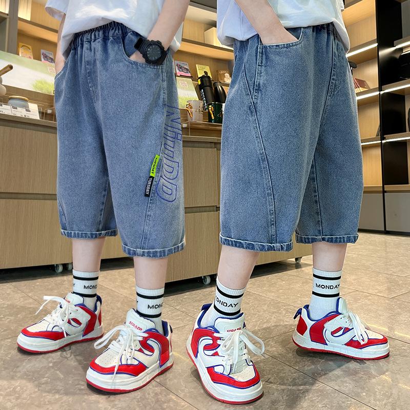 Korean Kids Boy Loose Straight Summer Jeans Shorts Tweens Child Luxury Black Blue Denim Shorts