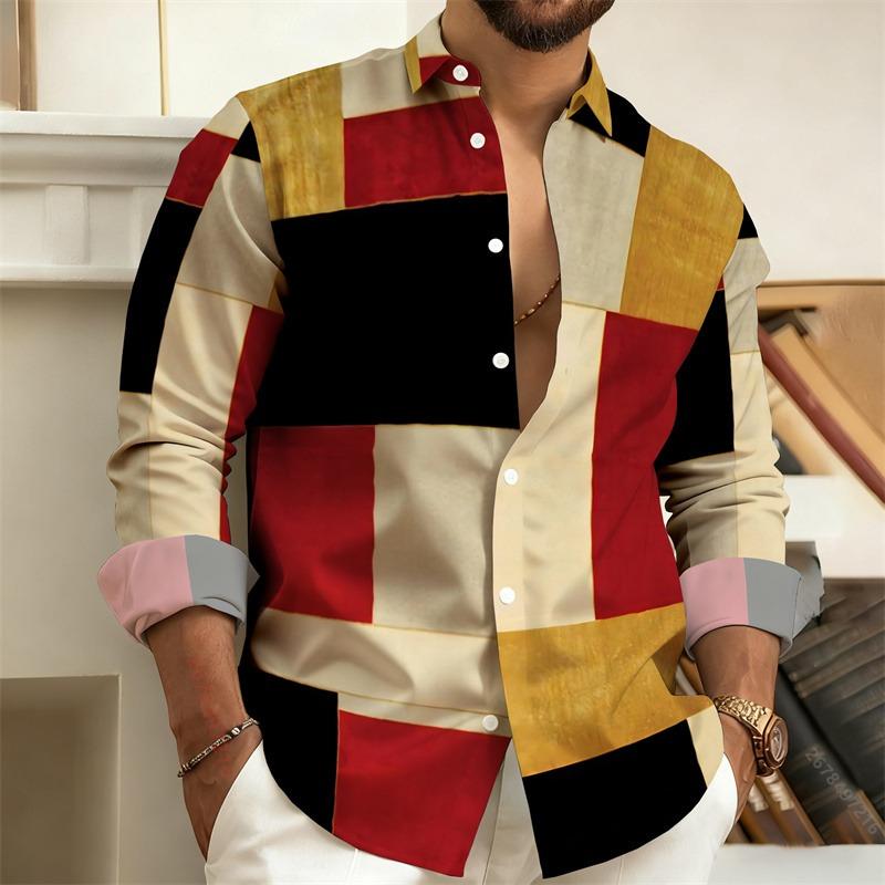 Men's 3D Printed Geometric Color-Blocked Long-Sleeved Shirt, Stylish Casual Slim-Fit Shirt, Outdoor Street Style Men's Top