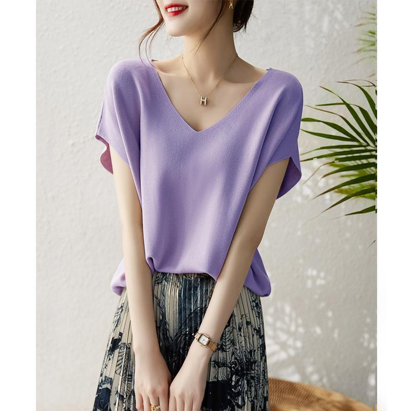 Summer New Thin Fashion Bat Sleeve Casual Loose Knitted Shirt Women Solid Elegant Ice Silk Blouse Women Simple Slim Office Ladies Shirts Tops 26633