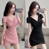 Summer V-neck Sexy High Elastic Cotton Tight Bottom Short-sleeved Dress Women's Pure Desire Short Slim Hip Skirt