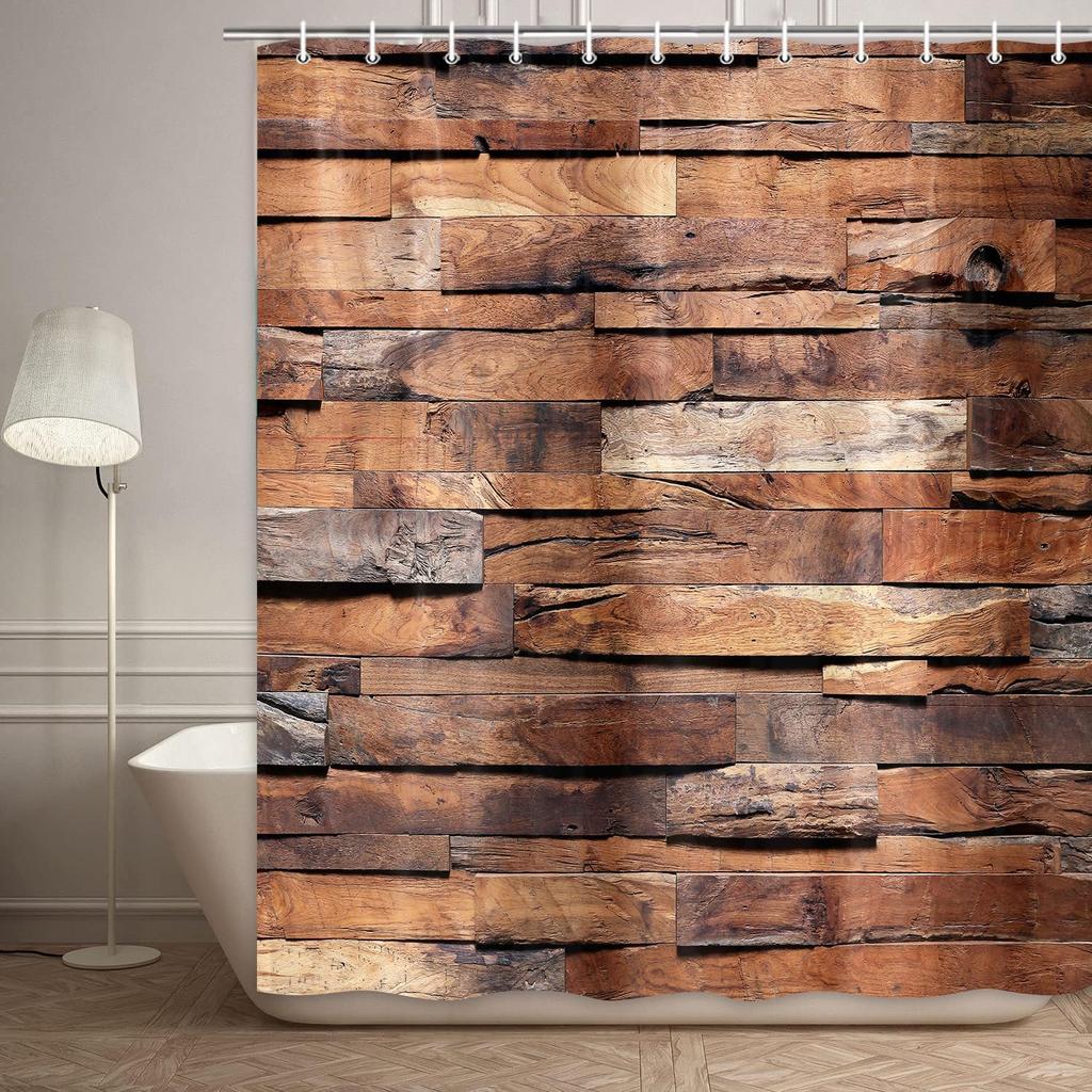 JAWO Rustic Barn Door Shower Curtain, Wood Panels Wall and Floor Texture, Polyester Fabric Bathroom Decor, Bath Curtain with Hook, Bathroom