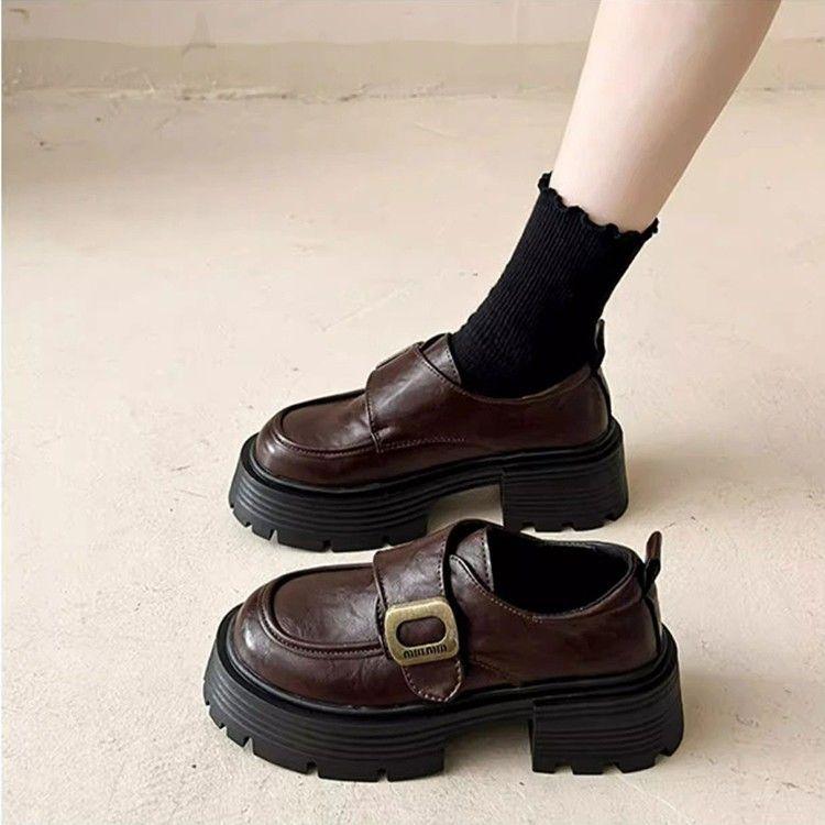 Platform women's autumn new retro round head thick heel small leather shoes Velcro high heel muffin single shoes