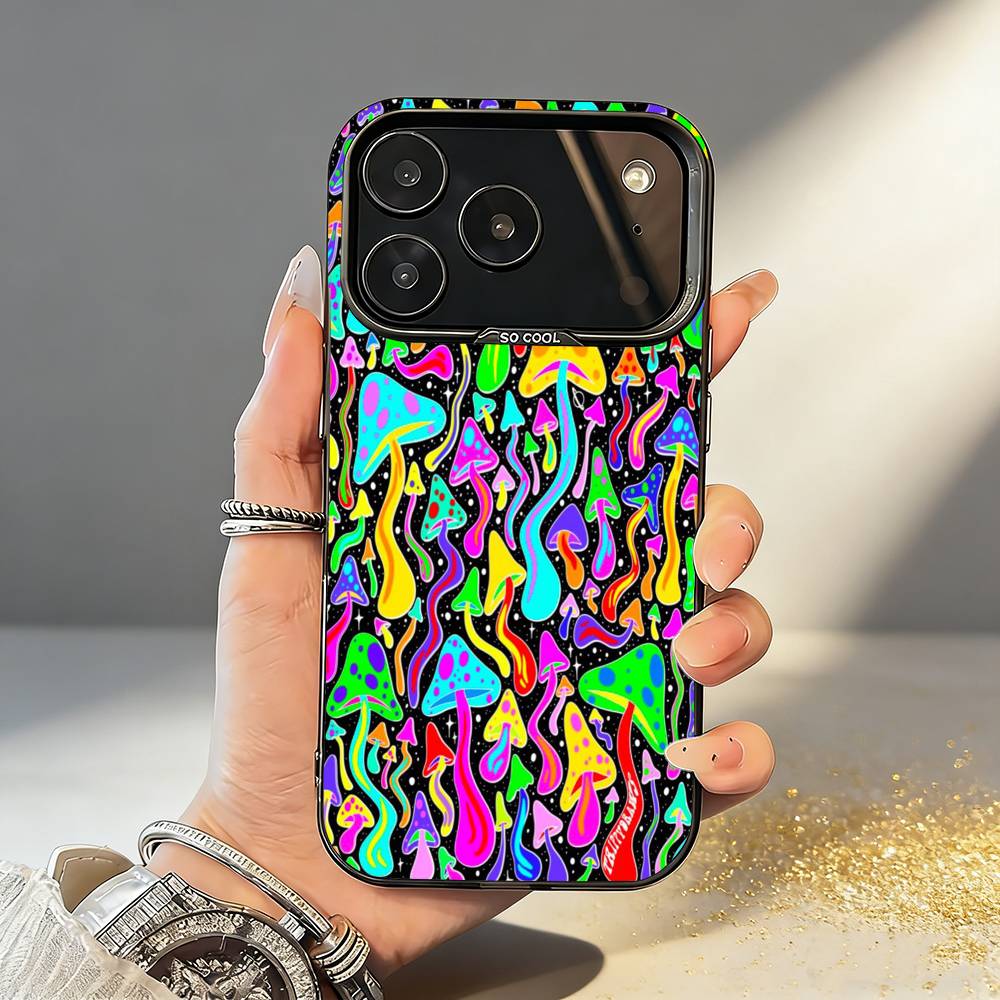 P-Psychedelic C-Colored M-Mushroom Phone Case For iPhone17,16,15,14,13,12,11,Pro,MAX Gray Matte Silicone Black Cover