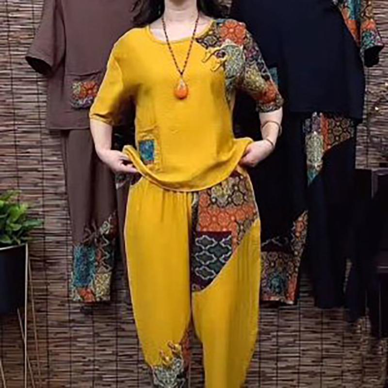 Zweiteiliges Set mit Sommerdruck für Mütter, Sommer-T-Shirt mit mittellangen Ärmeln, Set im ethnischen Stil für Frauen mittleren Alters und ältere Menschen
