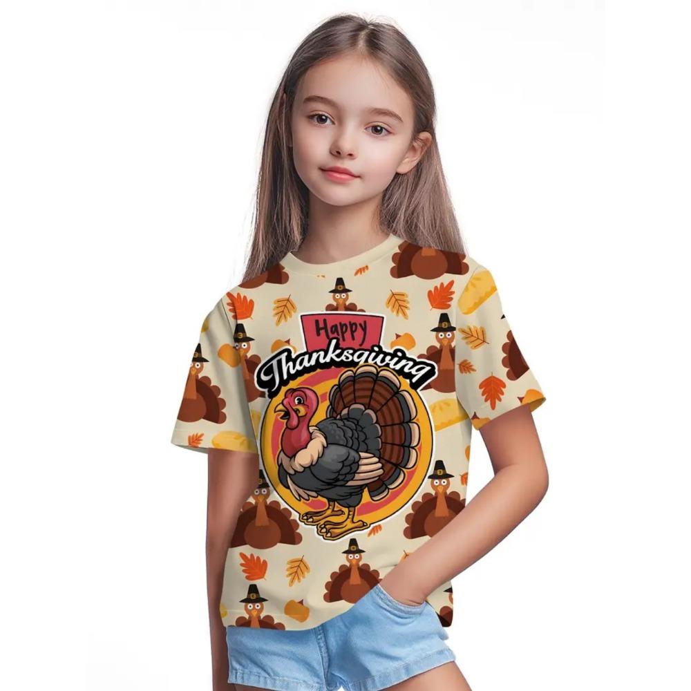 Girls' Clothing Thanksgiving Turkey 3D Printed Short Sleeved T-shirt Casual Holiday Cartoon Boy T-shirt Summer Children's Top