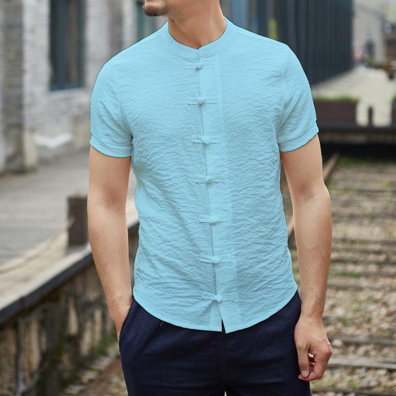 2025 Men's Slim Fit Chinese Style Short Sleeve Shirt with Frog Button and Stand Collar