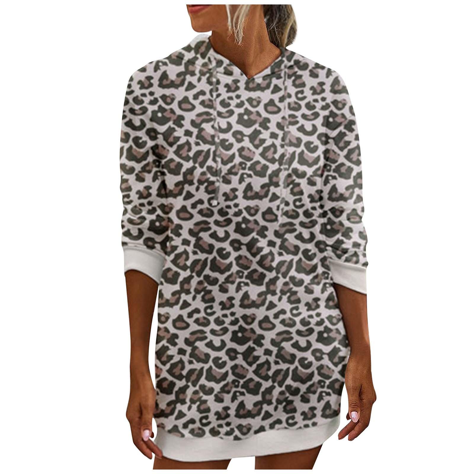 

(SU)Женская мода с леопардовым принтом и капюшоном для отдыха с длинными рукавами и карманным платьем