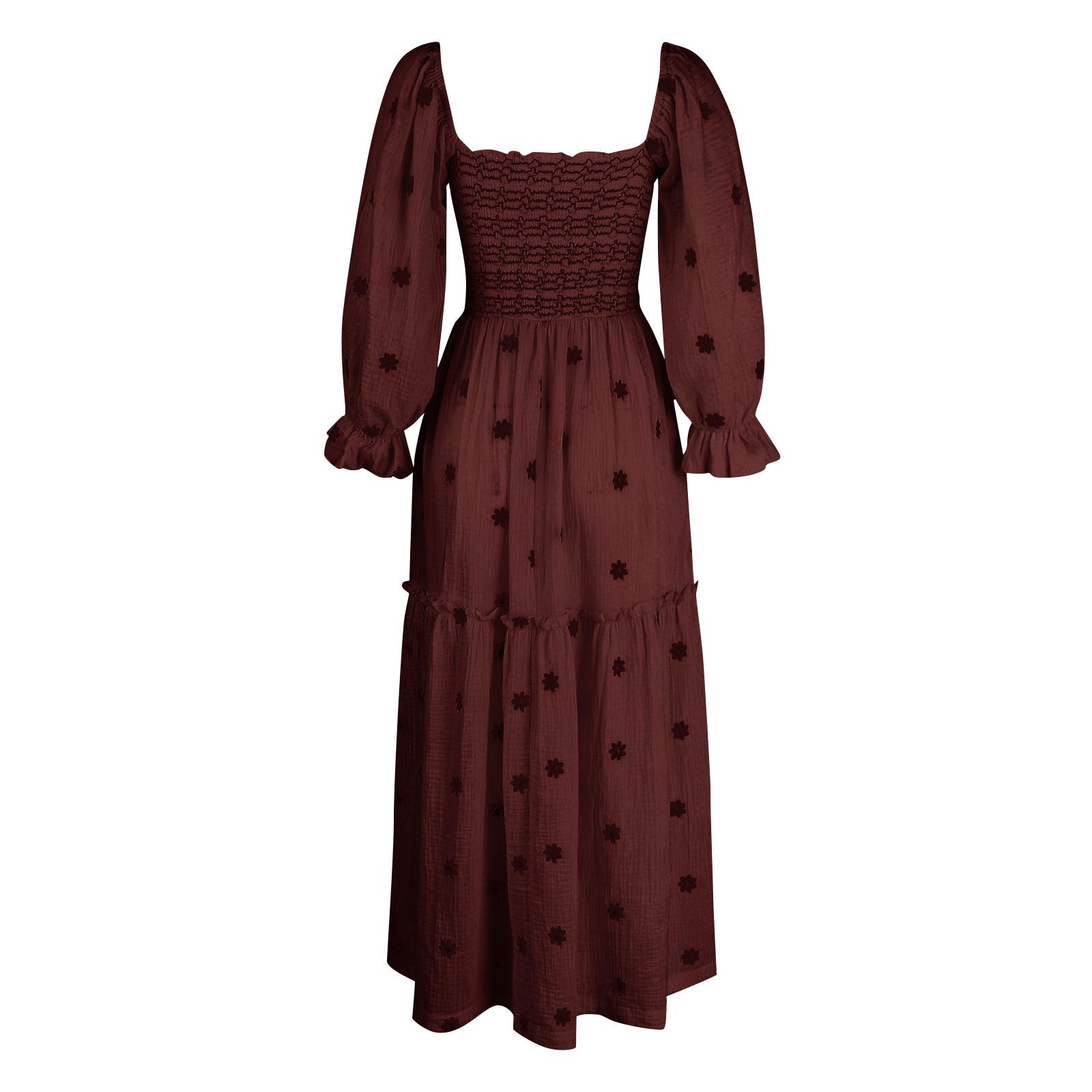 Осеннее женское повседневное платье с квадратным воротником и роговыми рукавами — фото 5