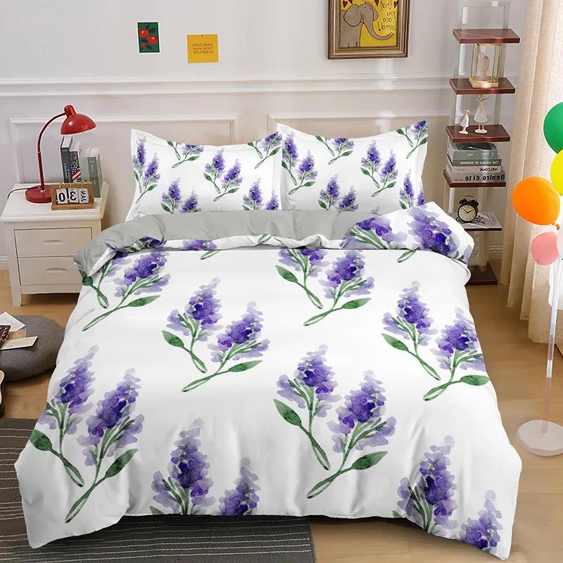 Lavender Duvet Cover Microfiber Purple Flower Bedding Set Romantic Floral Comforter Cover King Twin Botanical Bedspread Cover
