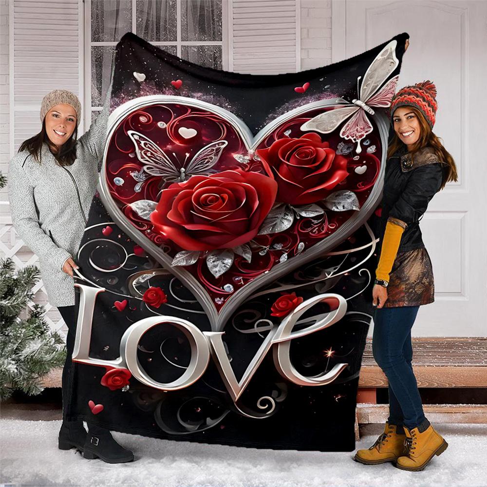1pc Heart Roses Love Throw Blanket Polyester Fiber, Lightweight Flannel, Soft & Warm, All Season Use for Outdoor, Camping