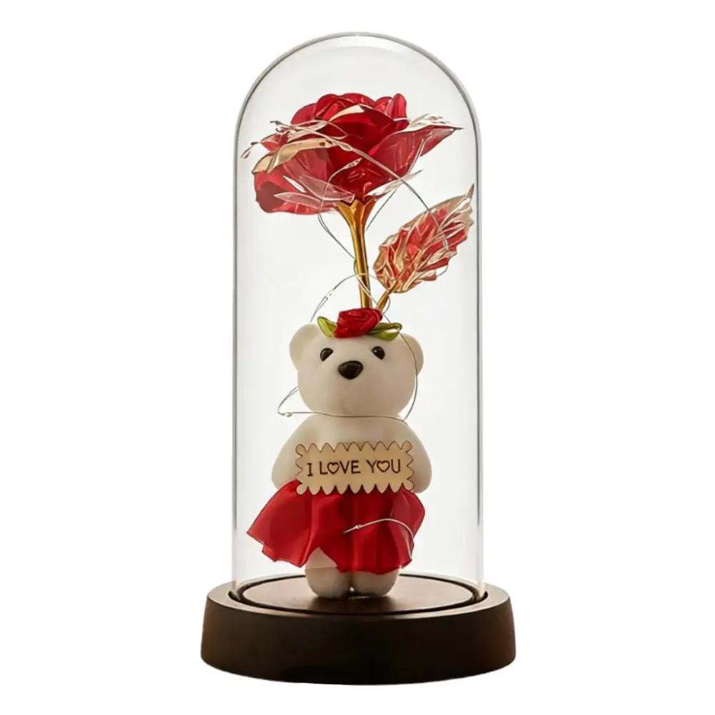 Eternal Gold Foil Rose Bear With Acrylic Cover Colorful Creative Golden Gift Valentine's Decoration Day Bouquet Ornament P5M7
