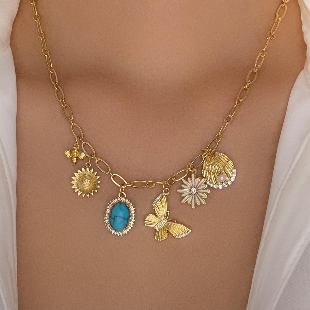 Butterfly Metal Pendant Necklace For Women Floral Summer Fashion Accessory