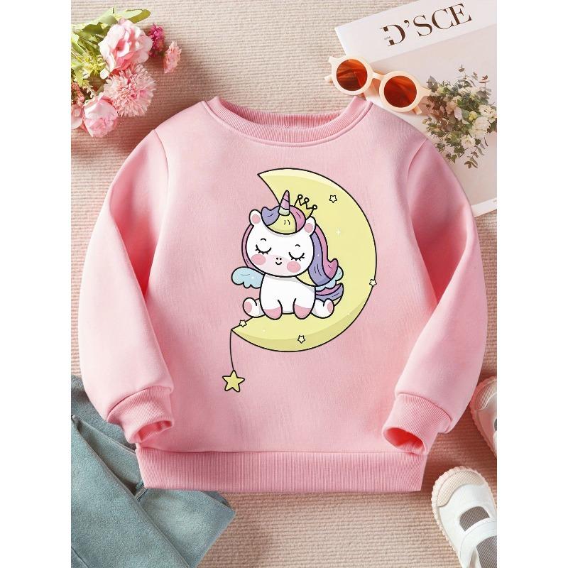 Kids Crewneck Sweatshirt, Cute Unicorn Moon Star Print Sweet Long Sleeve Top for Spring Autumn
