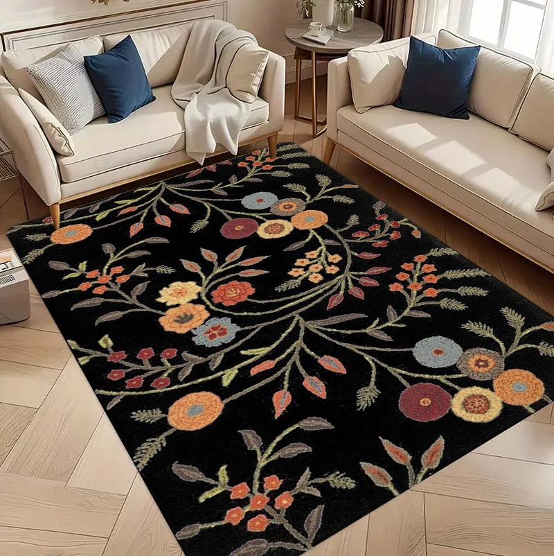 Black Background Multicolor Floral Rug Carpet Mat Non-Slip for Living Room Bedroom Bohemian Home Decor