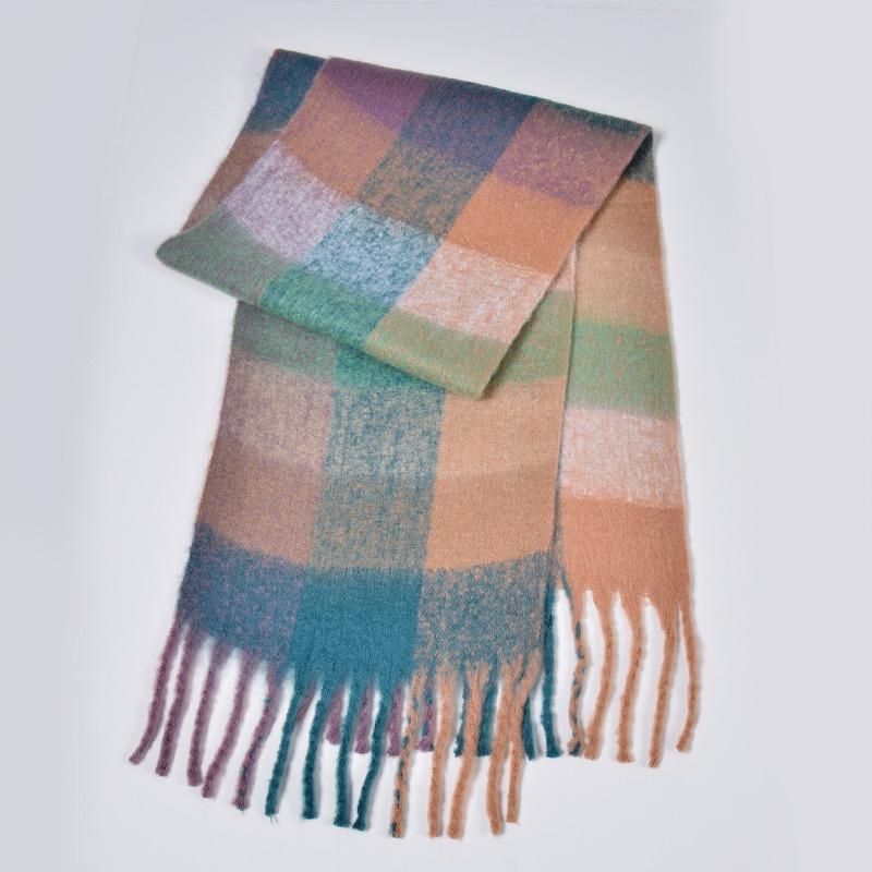 New autumn and winter rainbow plaid scarf fashion circle yarn thickened warm plaid fringed long scarf couple