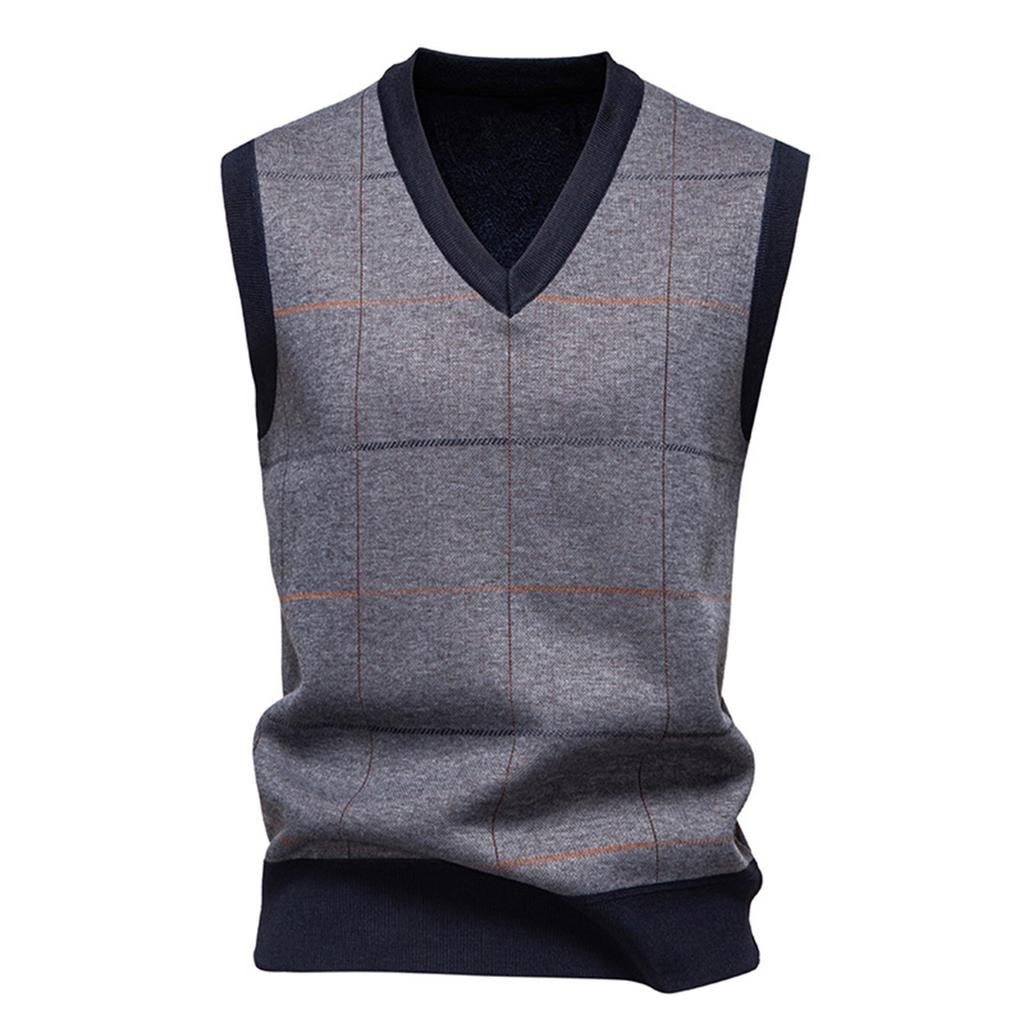 Men's Winter Fleece-Lined Plaid Vest, Pullover, Loose-Fitting Men's Sleeveless Sweater Vest