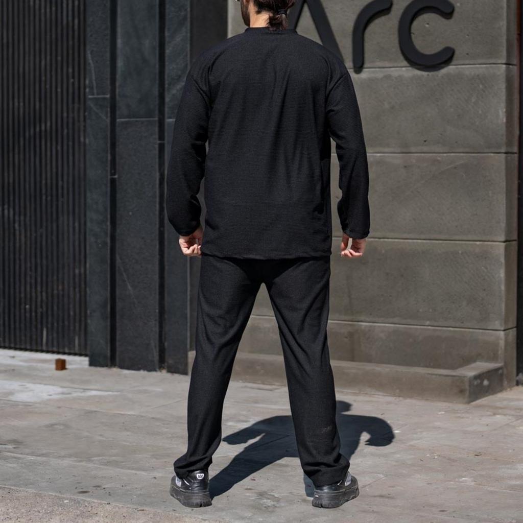 Men's Solid Color Loose Round-neck Patch Bag Breathable Sports Long-sleeved Top And Pants Two-piece Set