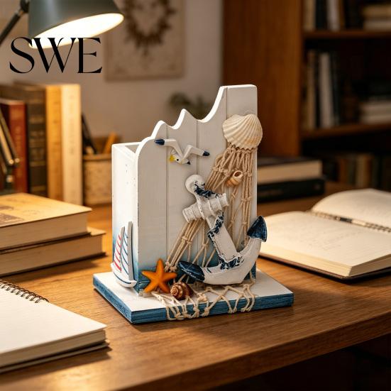 Pen Holder for Home Office Nautical Wooden Handcrafted Mediterranean Theme Makeup Brush Versatile Organizer Ocean Beach Pencil Container Stable Base