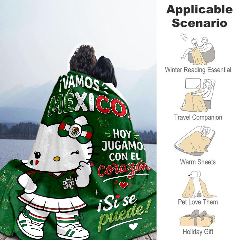 1pc Kitty Mexico Soccer Outdoor Blanket, Soft And Comfortable Blanket, Casual Warm, Camping Travel Blanket, Birthday Gift. M7140144
