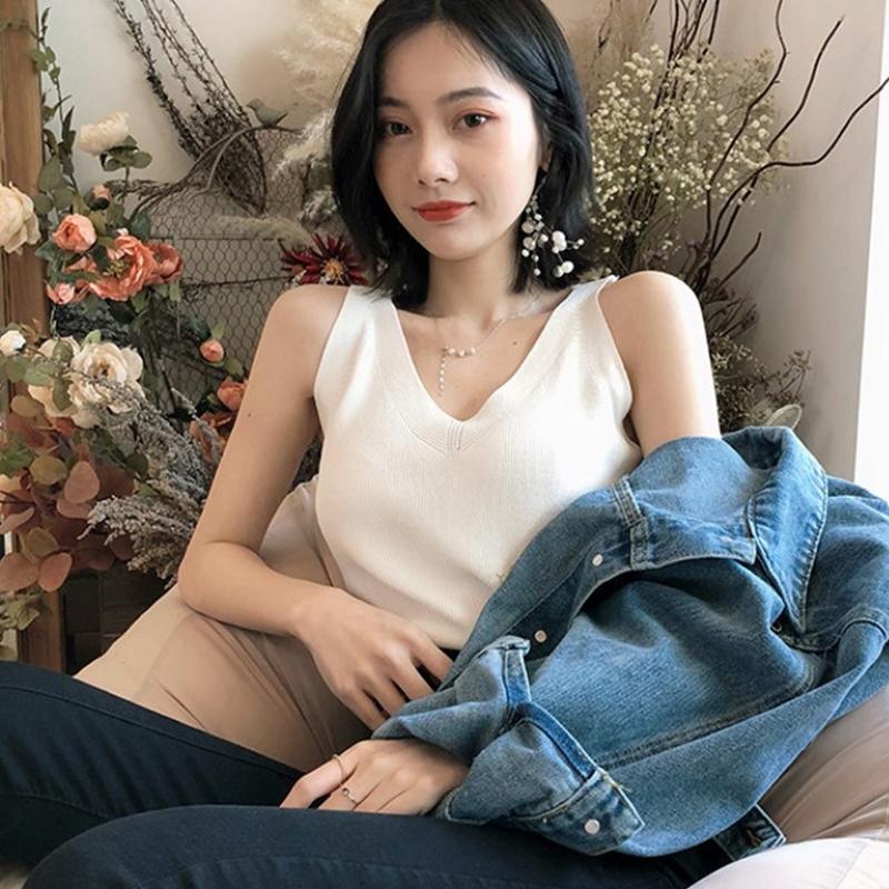 Women'S Fashion V-Neck Knitted Vest Summer Solid Color Sleeveless Casual Tank Top