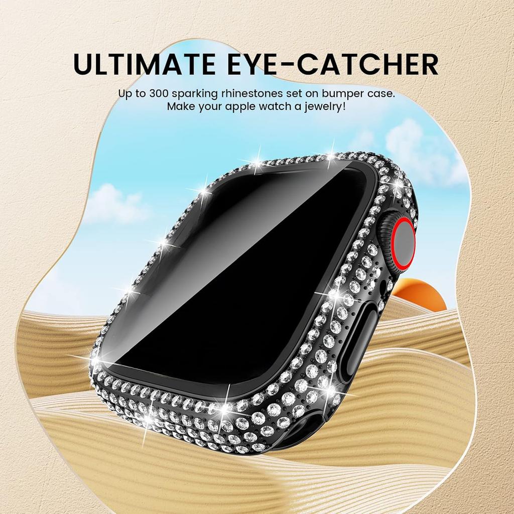 Glass+Bling Cover For Apple Watch Case 44 45mm 41mm 40mm 42mm 44 mm Diamond bumper+Screen Protector iwatch series10 9 8 7 5 6 SE