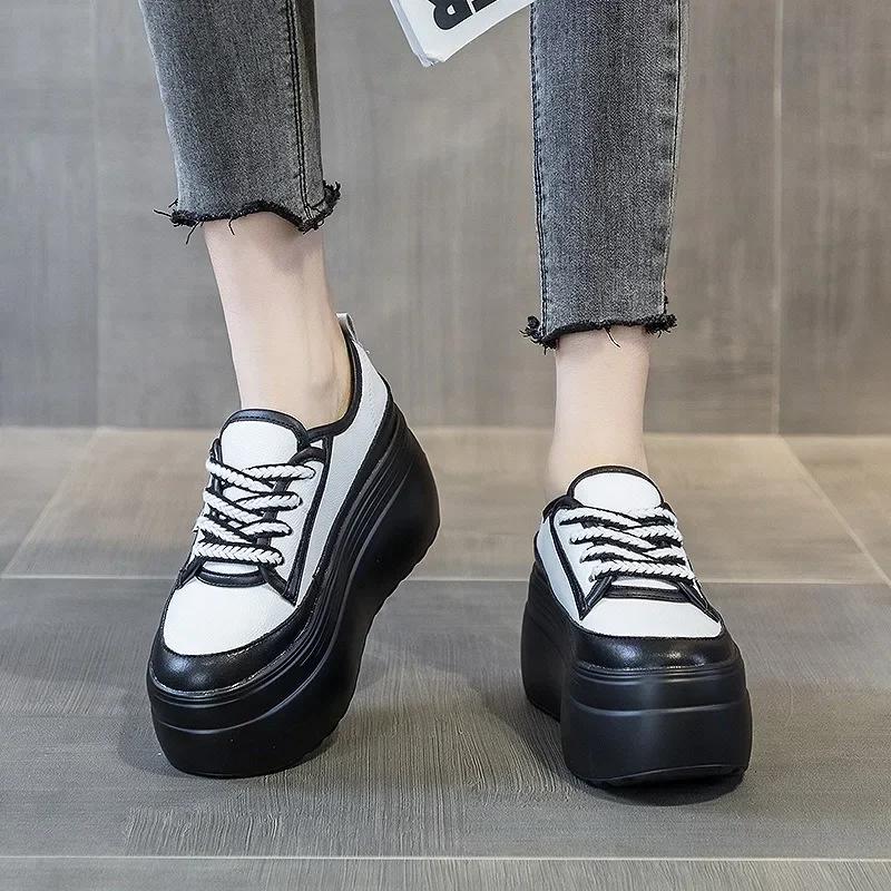 Fashion Top quality 8cm Cow Genuine Leather Spring Casual Chunky Sneakers Women Vulcanize Shoes Wedge Platform Wedge Comfy Pumps Autumn
