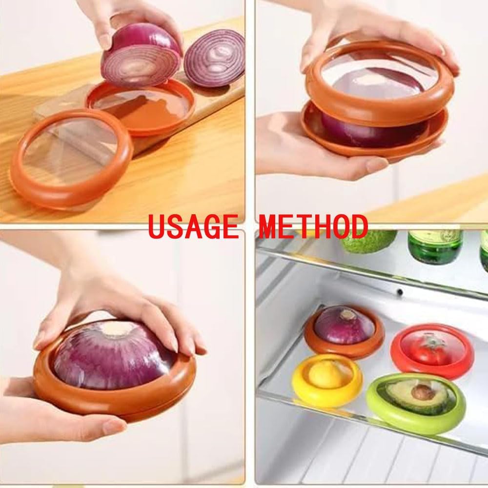 4PCs Silicone film cover+ABS Fruit and Vegetable Storage Containers Set for Fridge, Onion Storage Container, Avocado keeper,Tomato Saver,and Lemon