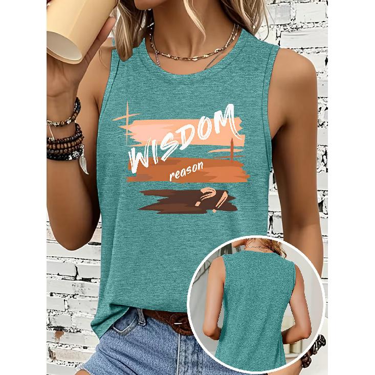 Women's sleeveless vest T Shirt WISDOM Color block hand-lettered print casual crew neck top Soft, skin-friendly, breathable, comfortable, machine