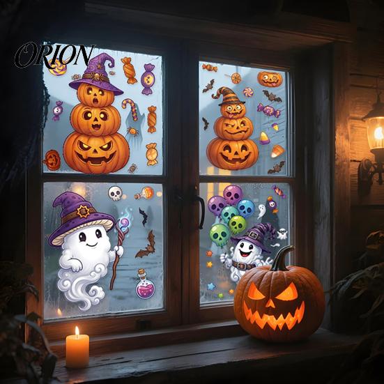Home Window Ornaments Halloween Cartoon Cling Stickers, Ghost Pumpkin Candy Glass Decals, Self-Adhesive Removable Party Venue Backgrounds Art