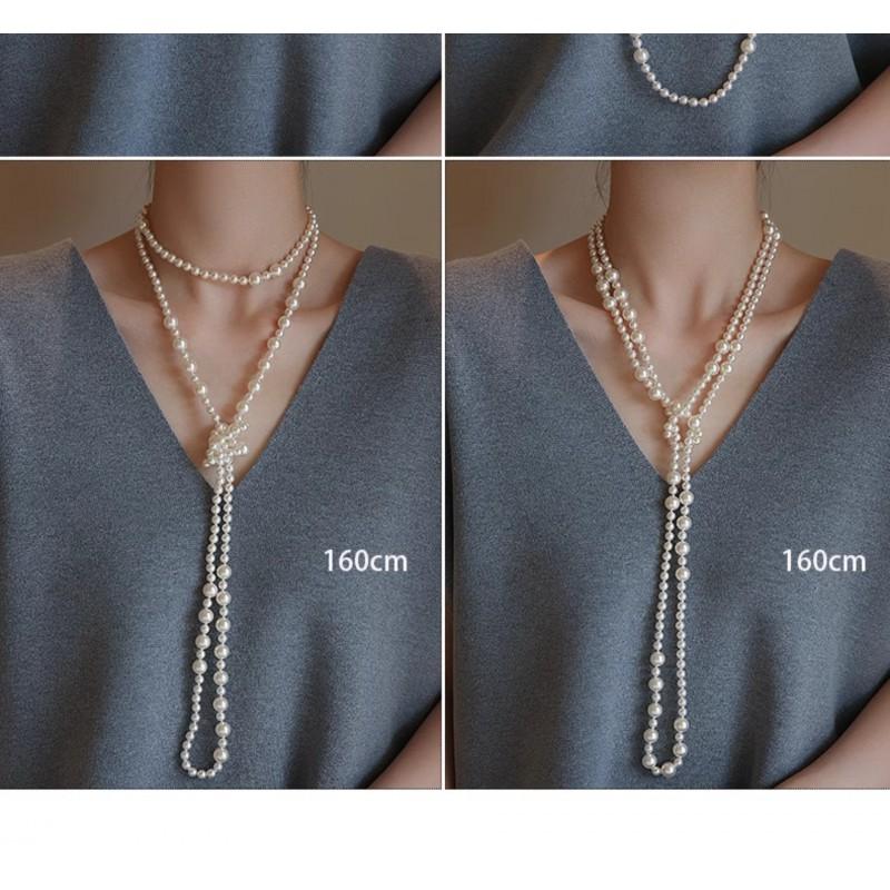 French Chic Double Layer Pearl Necklace Long Multi Layered Stacking Choker Winter Sweater Chain Women