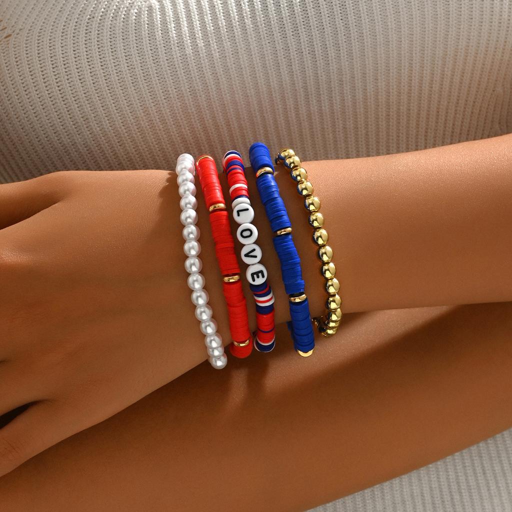 Women's Vintage Bohemian Bracelet Set, Polymer Clay Beaded Stackable Bracelets with Love Charms
