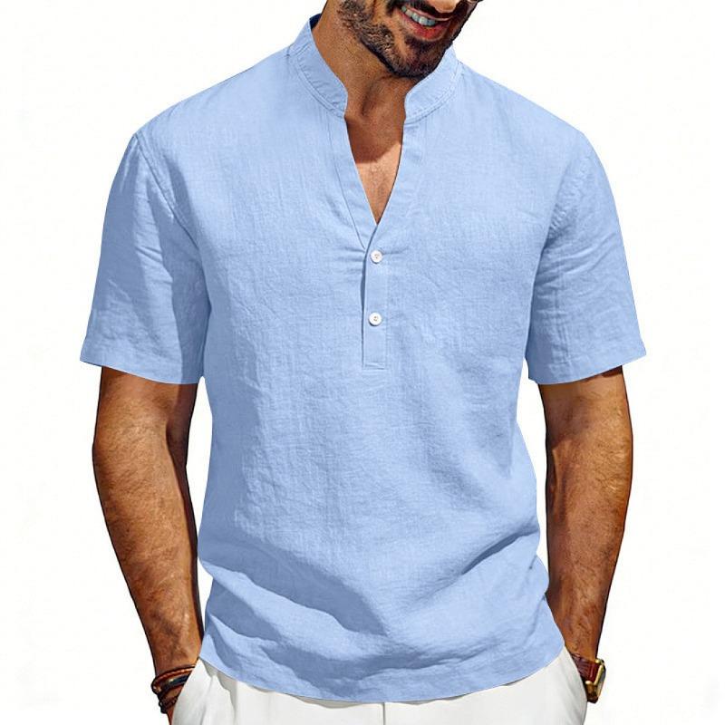 Men's New American Style Summer Henley V-Neck T-Shirt, Loose Breathable Linen Casual Commute Short Sleeve Tee