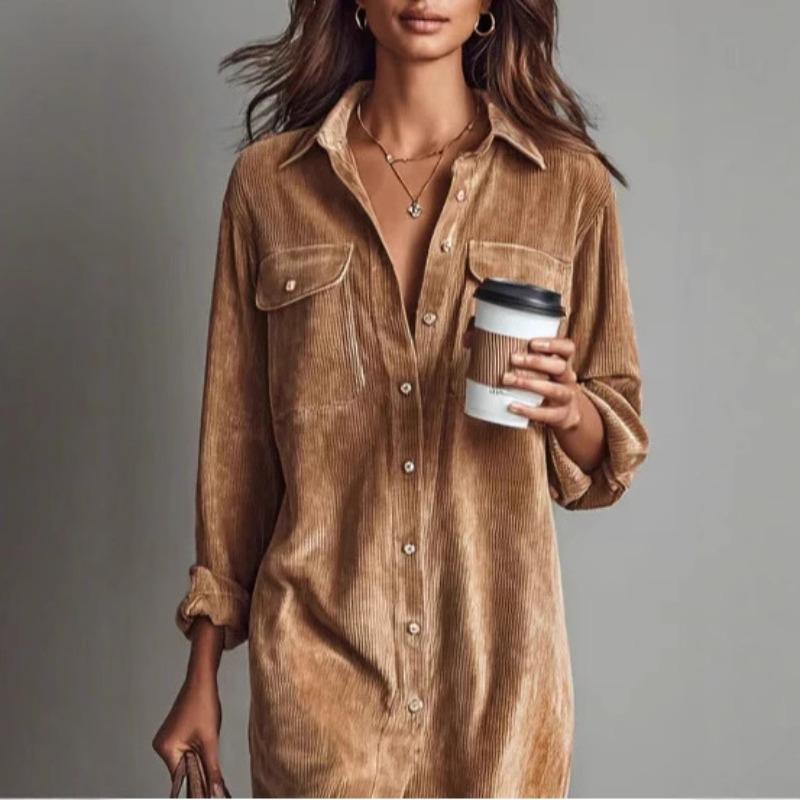 New Solid-Color Corduroy Long-Sleeve Collared Shirt and Loose-Fit Maxi Skirt