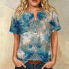 Camicia Casual da Donna con Stampa, Collo Henley, Manica Corta, Cotone e Lino, Tasca Frontale e Bottone, Vestibilità Rilassata
