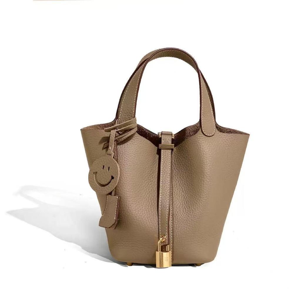 2026 Women's Genuine Leather Cowhide Basket Bucket Bag - Versatile, High-End Handbag