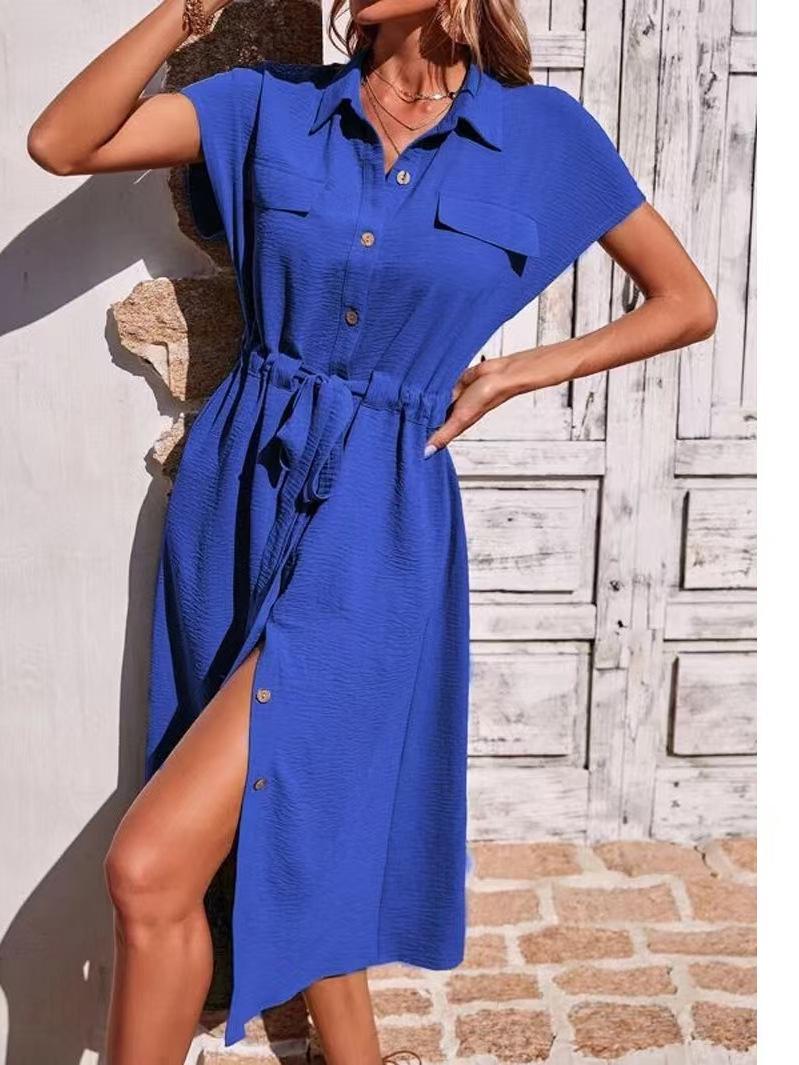 

Модное женское платье 2024 года с рубашечным воротником, приталенное, с поясом XXL синий