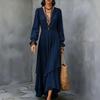 Women's Color Chiffon V Neck Long Sleeve Bohemian Dress with Asymmetrical Ruffle Hem