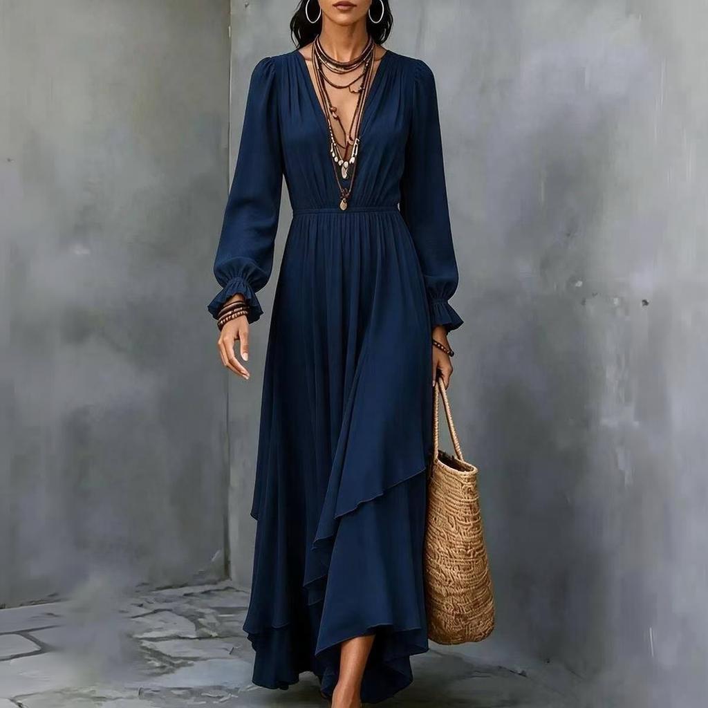 Women's Color Chiffon V Neck Long Sleeve Bohemian Dress with Asymmetrical Ruffle Hem