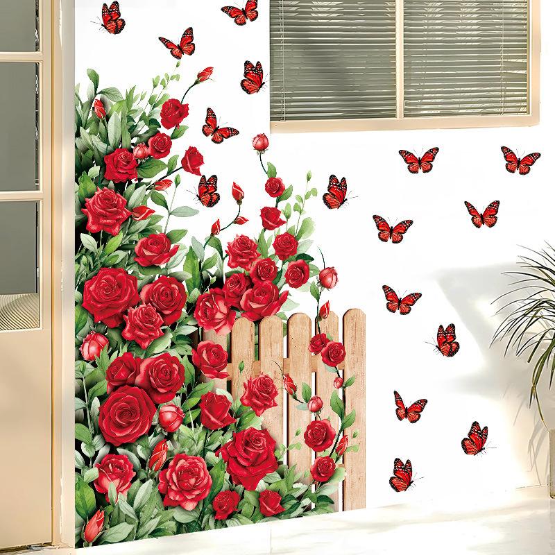Valentine'S Day Rose Wall Sticker Vine Fence Butterfly Removable Stickers Pvc Self-Adhesive Party Atmosphere Decorative Decals