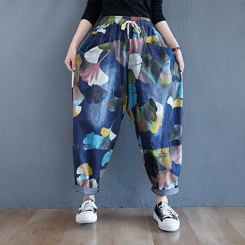 Vintage Print Locker Haremshose Damen Hohe Taille Lässig Tasche Jeanshose Streetwear Mode Jeans