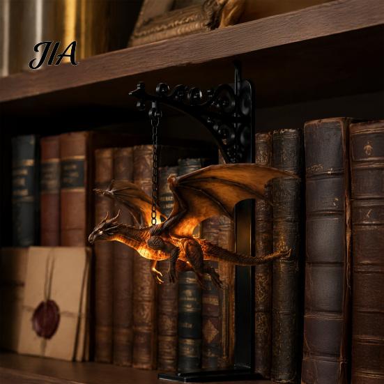 Fantasy-Thema Geschenk Magischer Fliegender Drache Bücherregal Lampe, Warmes Hängendes Nachtlicht, Harzfigur Leseecke Dekor, Einzigartig für Liebhaber Buch