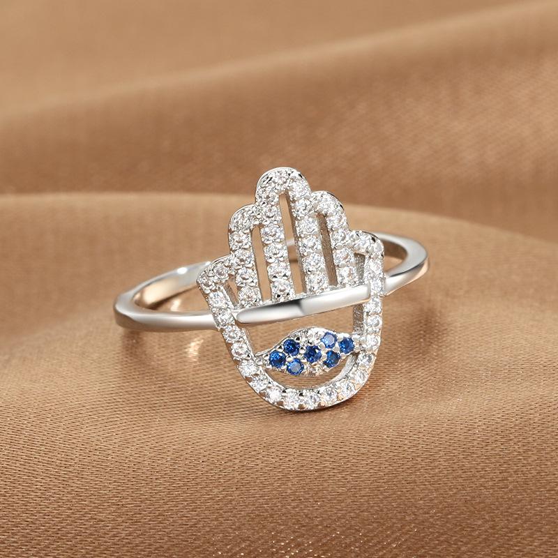 Hamsa Fatima's Hand Open Rings Turkish Blue Cubic Zircon Evil Eye Ring Protection Amulet Islamic Jewish Jewelry
