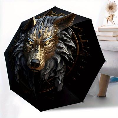 1 ud. Paraguas Compacto de Viaje con Emblema de Lobo, Plegable Automático Ligero Resistente al Viento Diseño Reforzado de 8 Varillas, Portátil para Mochila Duradero Puede