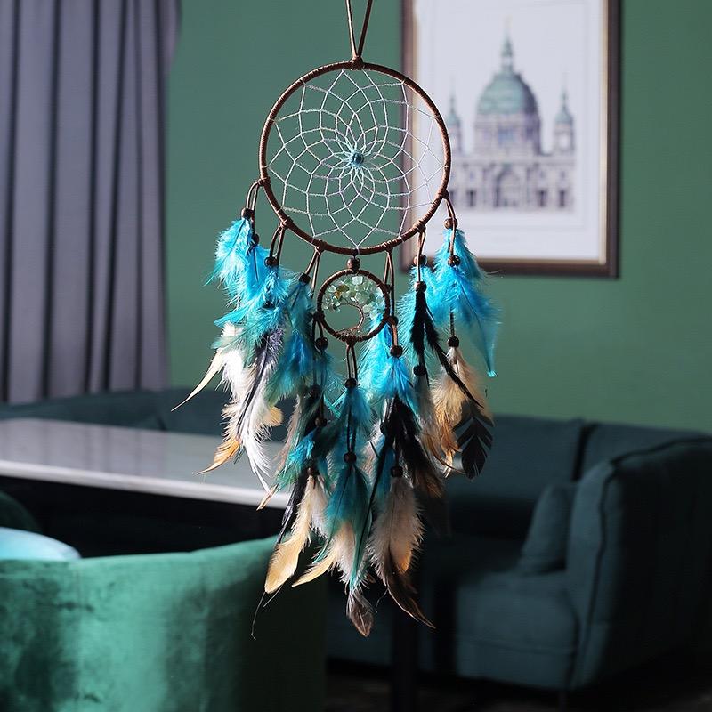 Vintage Bohemian Blue Feathers Dream Catcher Large Wind Chimes Wall Hanging Handmade Ornaments Home Decorations For Girls Gifts