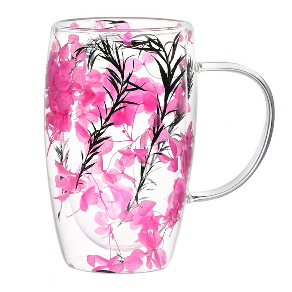Double Wall Glass Mug with Flower Glitter Inside 450ml Large Capacity Heat & Cold Resistant Transparent Mug Creative Coffee Cup