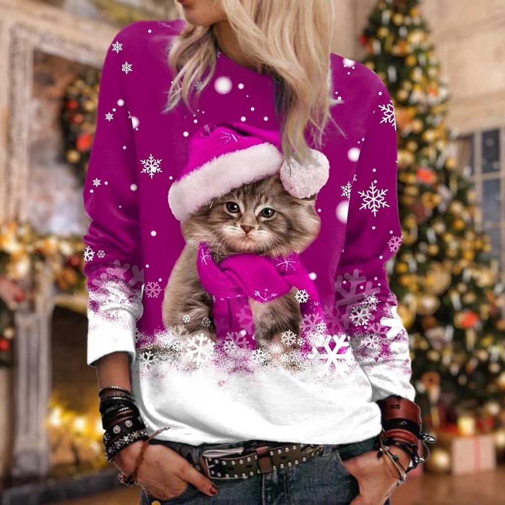 Christmas Women's Sweatshirt Cat Sportswear Holiday Print Christmas Casual Round Neck Long Sleeve Top Micro Stretch S-3XL
