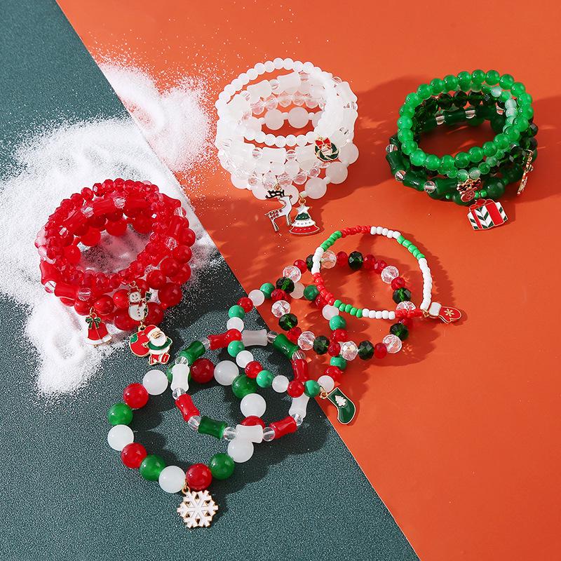 European & American Christmas Bracelet Set with Santa, Bell, & Snowflake Charms for Women