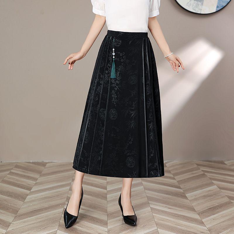 Women's Black Vintage Floral Pleated Midi Skirt Chinese Style Tassel Bead Decoration High Waist A-line Casual Daily Office Skirt